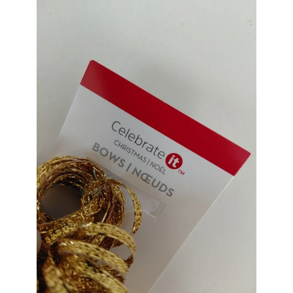 LOT of 2 Gold Glitter Bows Ribbons Christmas Gift Packaging‎ 4 pieces total NEW